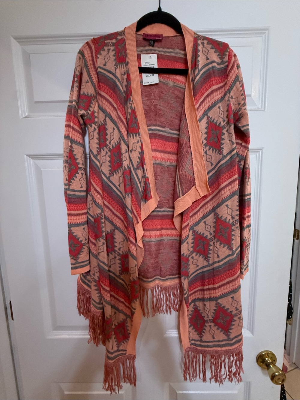 Coral Aztec Open-Front Fringe Knit Cardigan